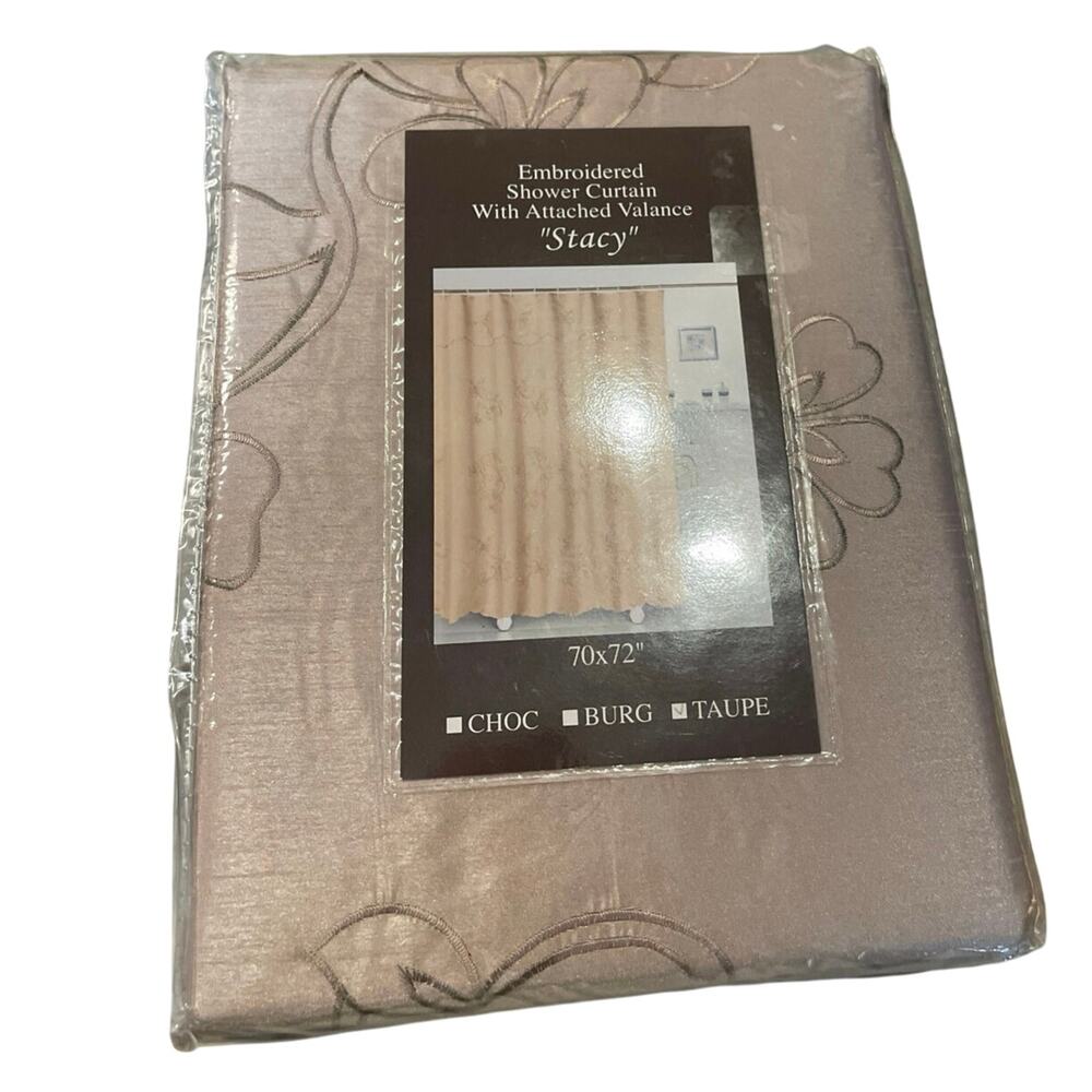 Shower Curtain Embroidered w Attached Valance Taupe Embroidered Flower 70x72 NIP